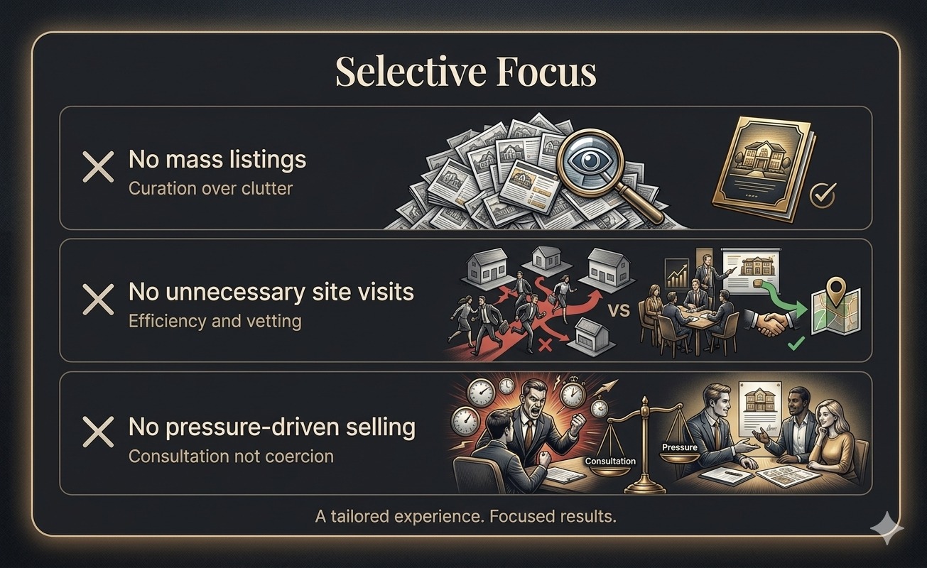 Selective Focus - No mass listings, No unnecessary site visits, No pressure-driven selling